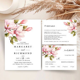 Pink Magnolia Elegant Watercolor Floral Wedding Invitation