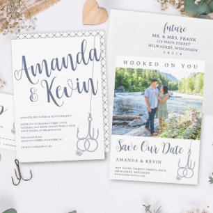 Simple Modern Fishing Hook Wedding Rings Blue Grey Invitation