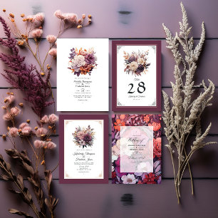 Plum, Grey, Copper and Dusty Rose Floral Wedding I Invitation