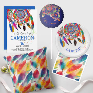 Boho Colourful Dreamcatcher Bday Feather Watercolo Paper Plate