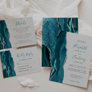 Modern Teal Silver Agate Grey Wedding Invitation