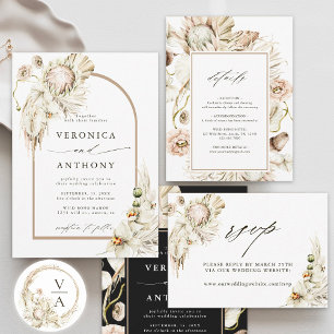 Boho Protea Pampas Grass Wreath Wedding Monogram Classic Round Sticker