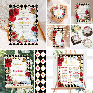 Alice in Wonderland Red Floral Mad Tea Birthday  Invitation
