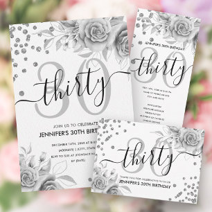 Silver Floral Glitter 30th Birthday Script Classic Round Sticker