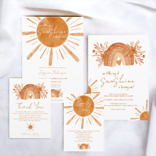 Boho rainbow little sunshine orange baby shower invitation