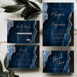navy Blue Agate Rose Gold Script Wedding RSVP Card