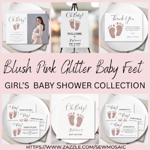 Blush PInk Glitter Baby Feet Books For Baby Shower Enclosure Card