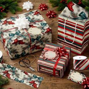 Vintage Christmas Santa’s Boots & Bows Wrapping Paper Sheet