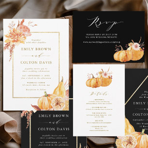 Burgundy Terracotta Gold Floral Wedding Black Invitation