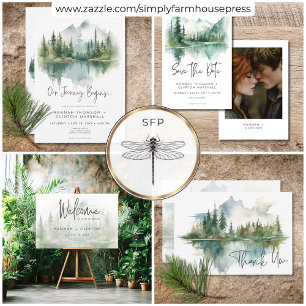 Rustic Mountain Lake Scene Watercolor Wedding Invitation