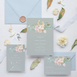 Rustic Watercolor Florals on Sage Green Wedding Invitation