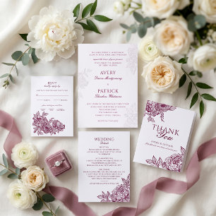 Hand Drawn Botanical Floral Peony Rose Wedding Invitation Belly Band
