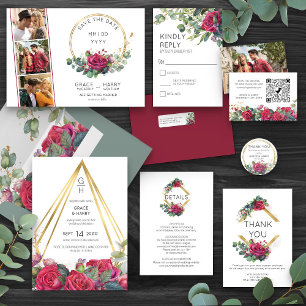 Red Rose and Eucalyptus Gold Frame 3 Photo Wedding Save The Date