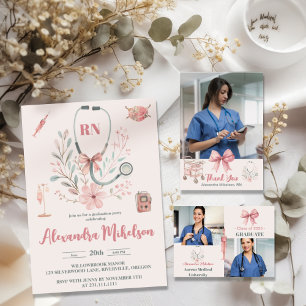 Pink Photo Watercolor  Nursing School Graduate  Invitation