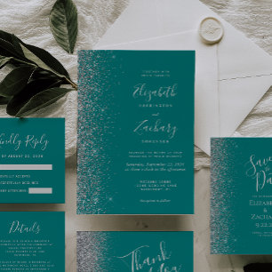 Teal Blue Silver Glitter Save the Date Announcement