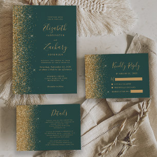 Modern Gold Glitter Edge Dark Green Wedding Invitation