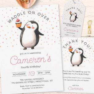 Pink Cupcake Penguin Celebration, kid's Birthday Invitation