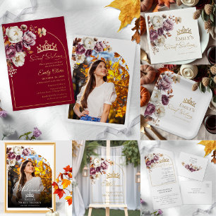 Burgundy Autumn Fall Floral Sweet 16 Photo Invitation