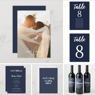 Modern Simple Minimalist Elegant Navy Blue Wedding Invitation
