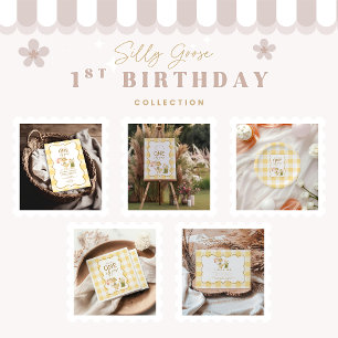  Yellow Gingham Silly Goose 1st Birthday Thank You Card