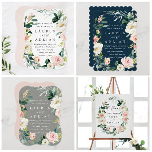 Navy Blush Floral Wreath Wedding Invitation