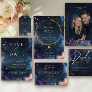 Celestial Gift Midnight Blue Elegant Gold Wedding Invitation