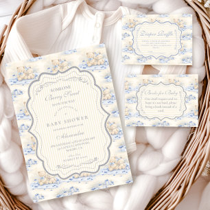 Blueberry Teddy Gift Toile Baby Shower Invitation