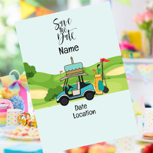 Golf cart with Birthday  Save the Date for golfer Invitation