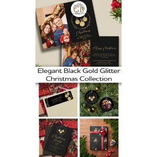 Elegant Black Gold Glitter Wreath Christmas Party Invitation