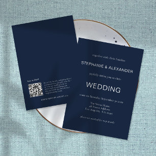 Minimalist Initials QR Code Navy Blue Wedding All In One Invitation