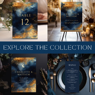 Celestial Abstract Blue Golden Moon Save the Date