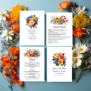 Blue, Orange, Yellow, and Red Floral Wedding Invitation