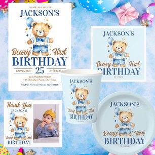 Beary first boys birthday cute teddy blue balloon paper plate