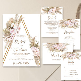 Pampas Grass Dried Palm Blush Rose Orchid Wedding Invitation