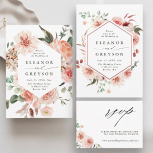 Botanical Floral Garden Hexagon Wedding Blush Invitation
