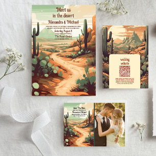 QR Code Retro Desert Cactus Wedding Invitation