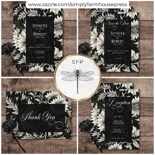 Dark Gothic Vintage Black & White Floral Damask Invitation