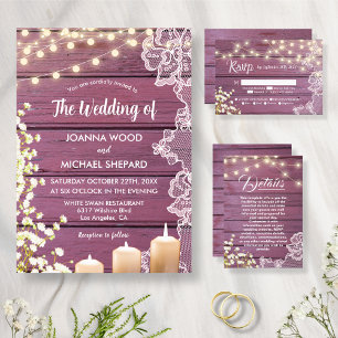 String Lights Candles & Lace Rustic Purple Wedding Invitation