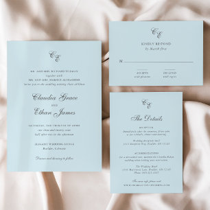 Classic Powder Blue Monogram Elegant Wedding RSVP Card