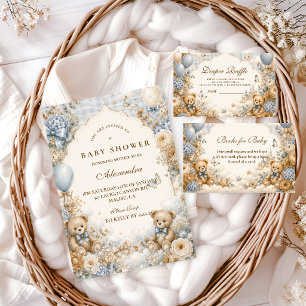 Whimsical Brown And Blue Bear Baby Shower Invitation