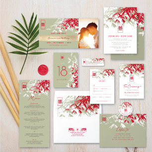 Red & Moss Grey Bamboo Leaves Chinese Wedding RSVP Invitation