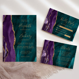 Modern Purple Teal Gold Agate Wedding Invitation