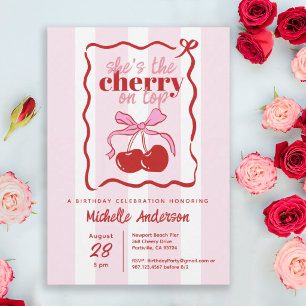 Cherry on Top Pink Bow Hand Drawn Birthday Party Invitation