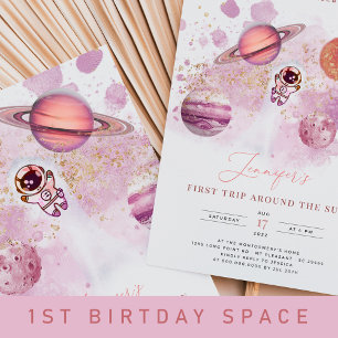 Outer Space Planets Girl Pink First Birthday Invitation