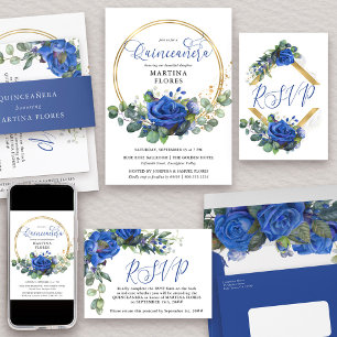 Blue Rose and Eucalyptus Elegant Quinceanera Invitation