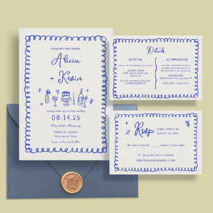 Hand Drawn Blue French Retro Wedding Details Enclosure Card