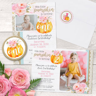Fall Floral Pumpkin Baby Girl's 1st Birthday Photo Invitation