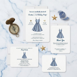 Nautical Blue And White Striped Dress Birthday    Thank You Card