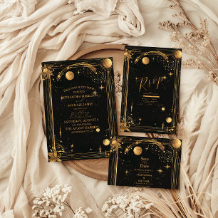 Celestial Midnight Black Stars Moon Wedding All In One Invitation