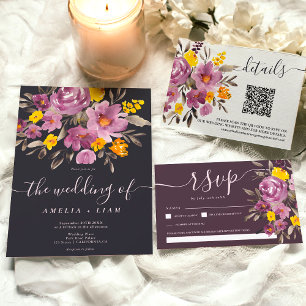 Elegant fall winter purple floral script wedding invitation
